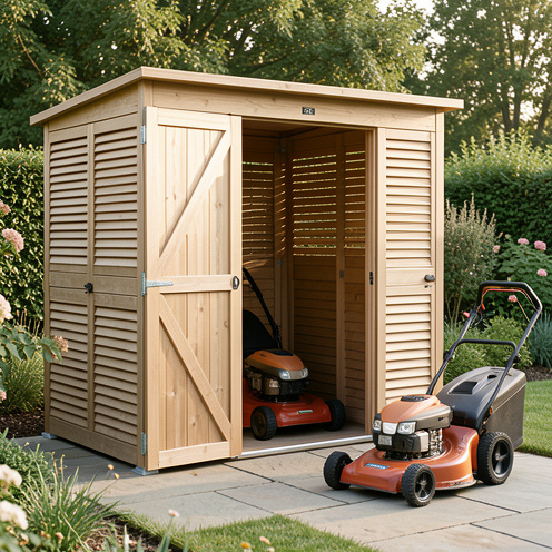 Abri de jardin pour protéger un robot tondeuse et une tondeuse classique, avec une porte ouverte et une protection ventilée dans un environnement extérieur soigné.