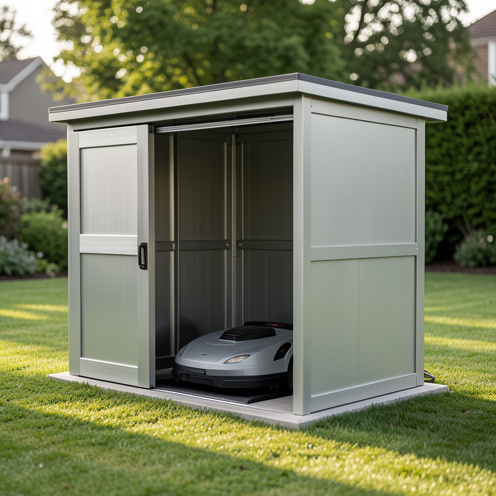 Abri pour robot tondeuse avec porte automatique coulissante, le robot en train de se ranger vers la station de recharge, jardin soigné en arrière-plan, lumière naturelle du matin.