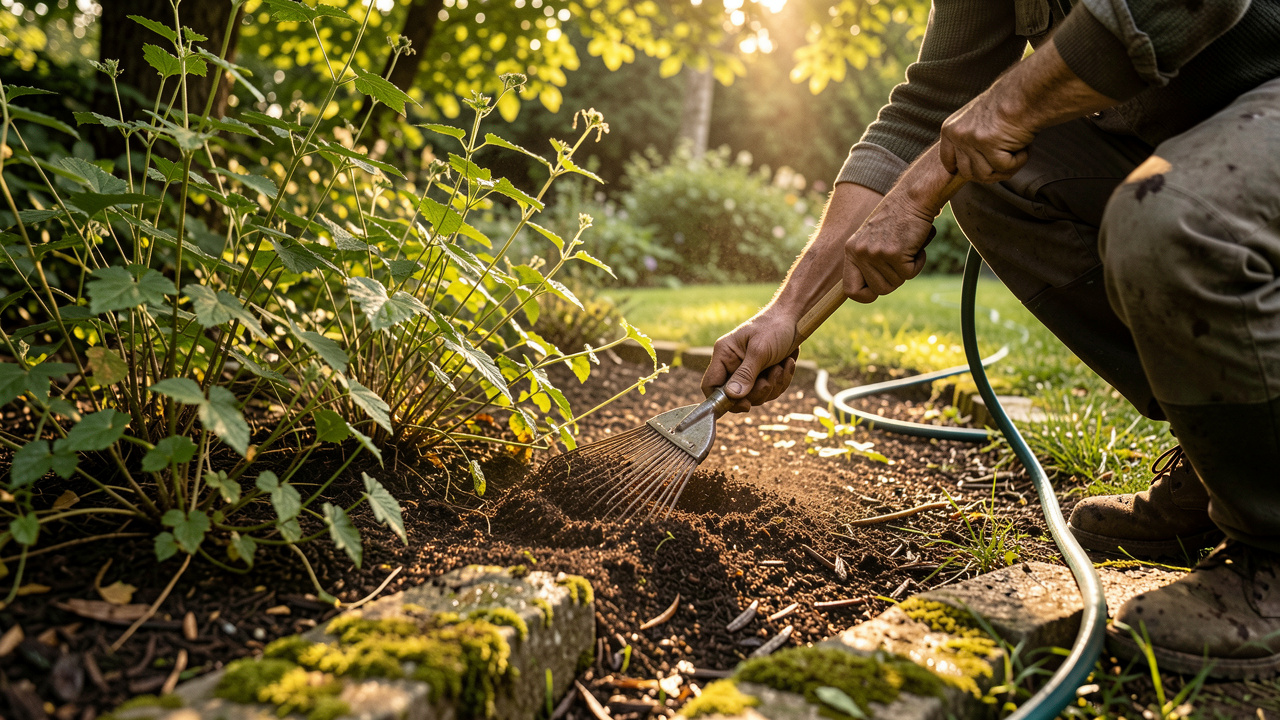 Jardin très ombragé : une personne jardinier enlève soigneusement la mousse et ratisse la terre humide, puis étale un paillage pour limiter les zones dégarnies.