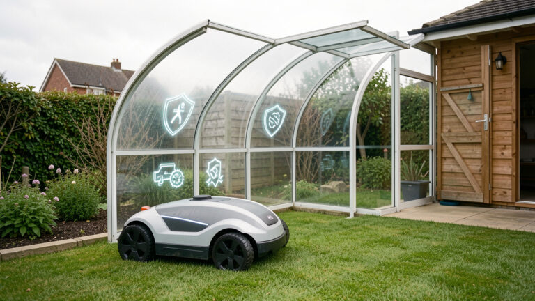 Robot tondeuse installé dans un jardin résidentiel, symbolisant une protection contre le vol, les pannes et les dommages.