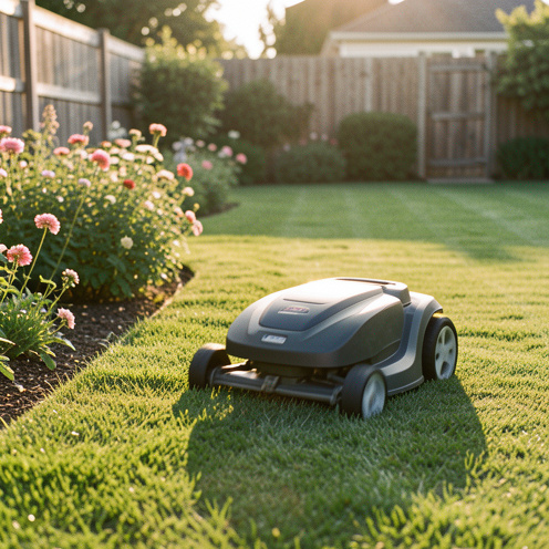 Photo réaliste d’une tondeuse robot qui tond une pelouse bien entretenue dans un jardin résidentiel, avec une lumière douce de fin d’après-midi.