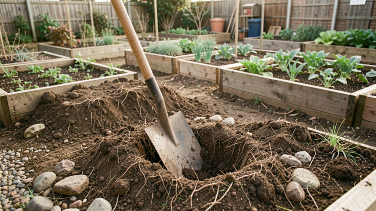 Une bêche retourne un sol irrégulier et riche en racines et en pierres dans un jardin aménagé en parcelles faciles à entretenir.