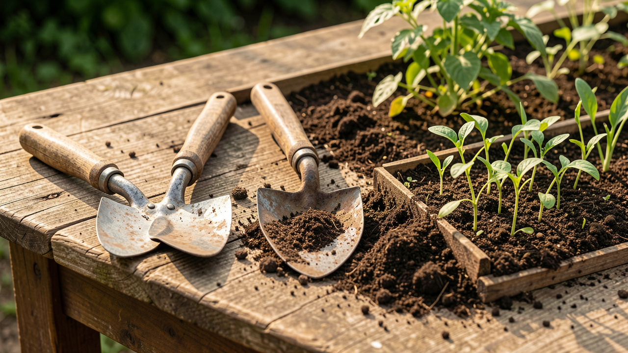 Trois binettes, neuve, usagée et partagée entre voisins, disposées près d’un potager et de jeunes plants.