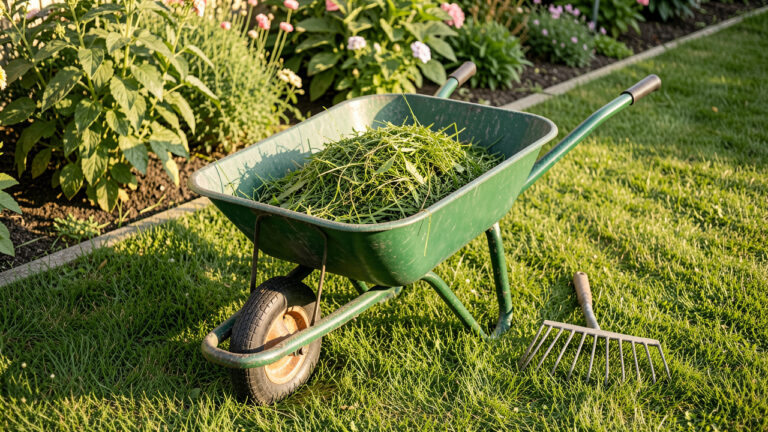Brouette de jardin verte remplie d’herbe fraîchement ramassée, placée au bord d’une pelouse entretenue avec un râteau à proximité.