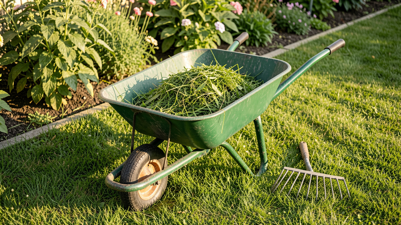 Brouette de jardin verte remplie d’herbe fraîchement ramassée, placée au bord d’une pelouse entretenue avec un râteau à proximité.