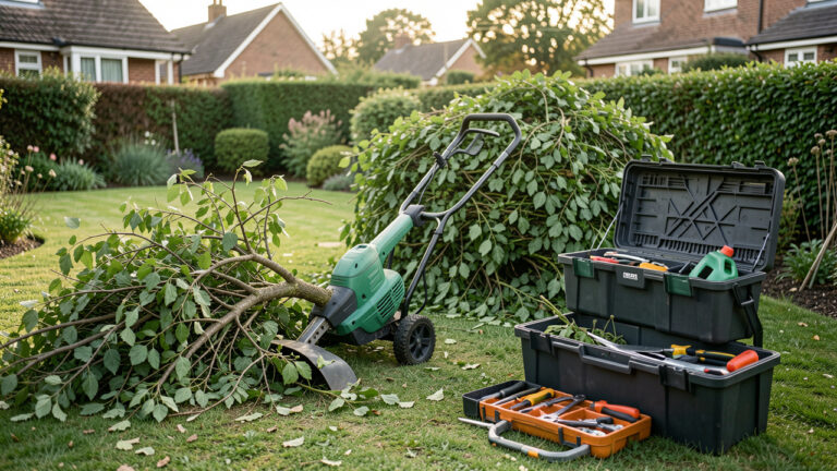 Broyeur de végétaux électrique en train de déchiqueter des branches dans un jardin, avec des déchets verts et des outils d’entretien à proximité.