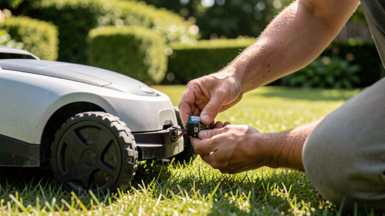 Robot tondeuse sur une pelouse, capteurs ajustés après réparation ou choc, lumière naturelle et ambiance d’entretien calme