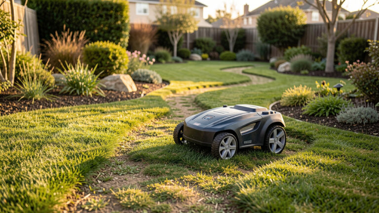 Tondeuse autonome robotisée se déplaçant dans un jardin aux formes complexes, avec passages étroits et relief, lumière dorée et détails réalistes.