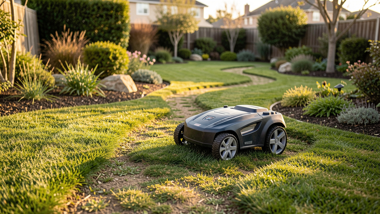 Tondeuse autonome robotisée se déplaçant dans un jardin aux formes complexes, avec passages étroits et relief, lumière dorée et détails réalistes.