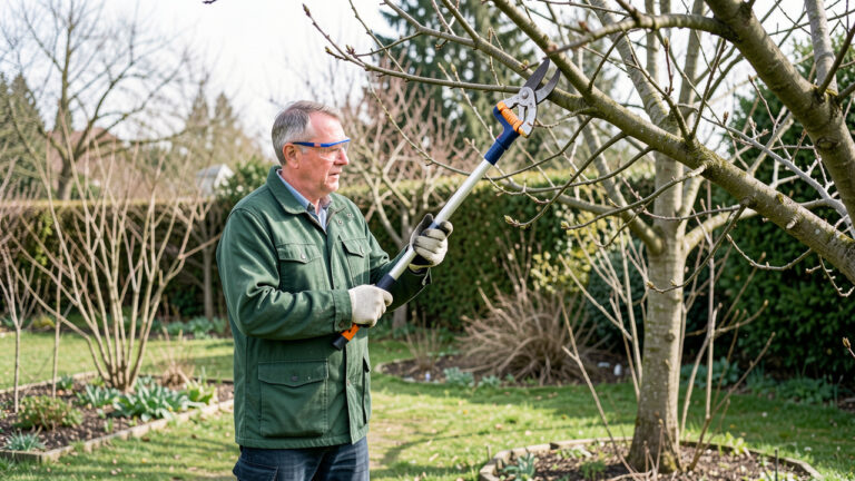 Un homme équipé de gants et de lunettes de protection utilise en toute sécurité un échenilloir télescopique pour tailler une branche haute depuis le sol.