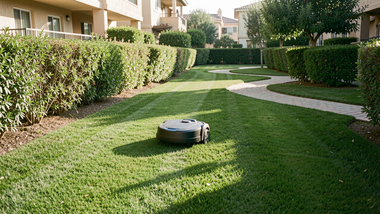 Robot tondeuse autonome sur une pelouse parfaitement entretenue dans une cour de copropriété, avec un éclairage naturel du matin et une vue réaliste montrant la tonte en cours.