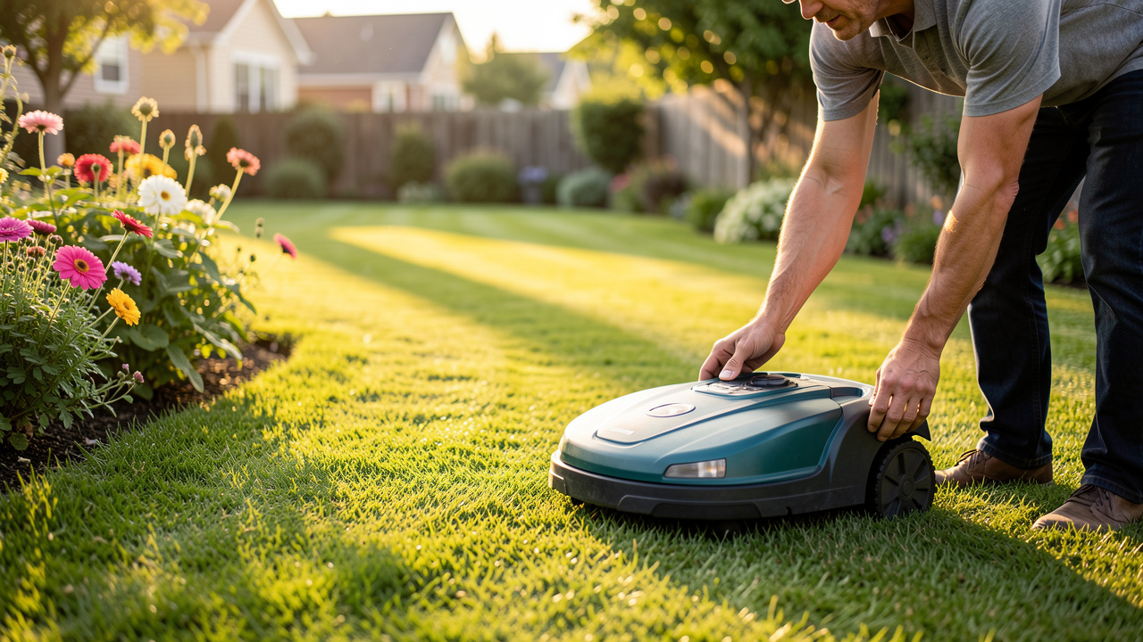 Un robot tondeuse traverse une pelouse bien entretenue dans un petit jardin, s’arrête près d’une bordure de fleurs et un réglage est effectué pour choisir le bon modèle.