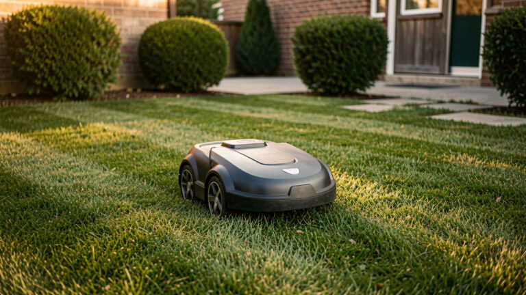 Un robot tondeuse compact parcourt une petite pelouse urbaine, laissant des bandes d’herbe tondues de façon régulière, éclairage doux de fin d’après-midi.