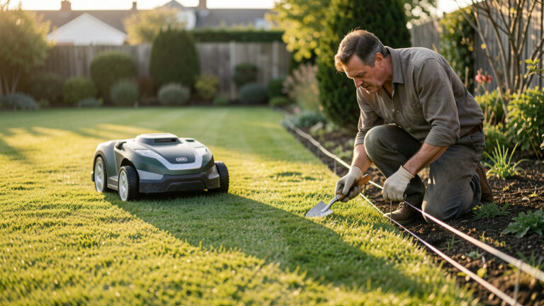 Un robot tondeuse et un technicien installant un fil périphérique au bord d’une pelouse, lumière dorée et jardin résidentiel.