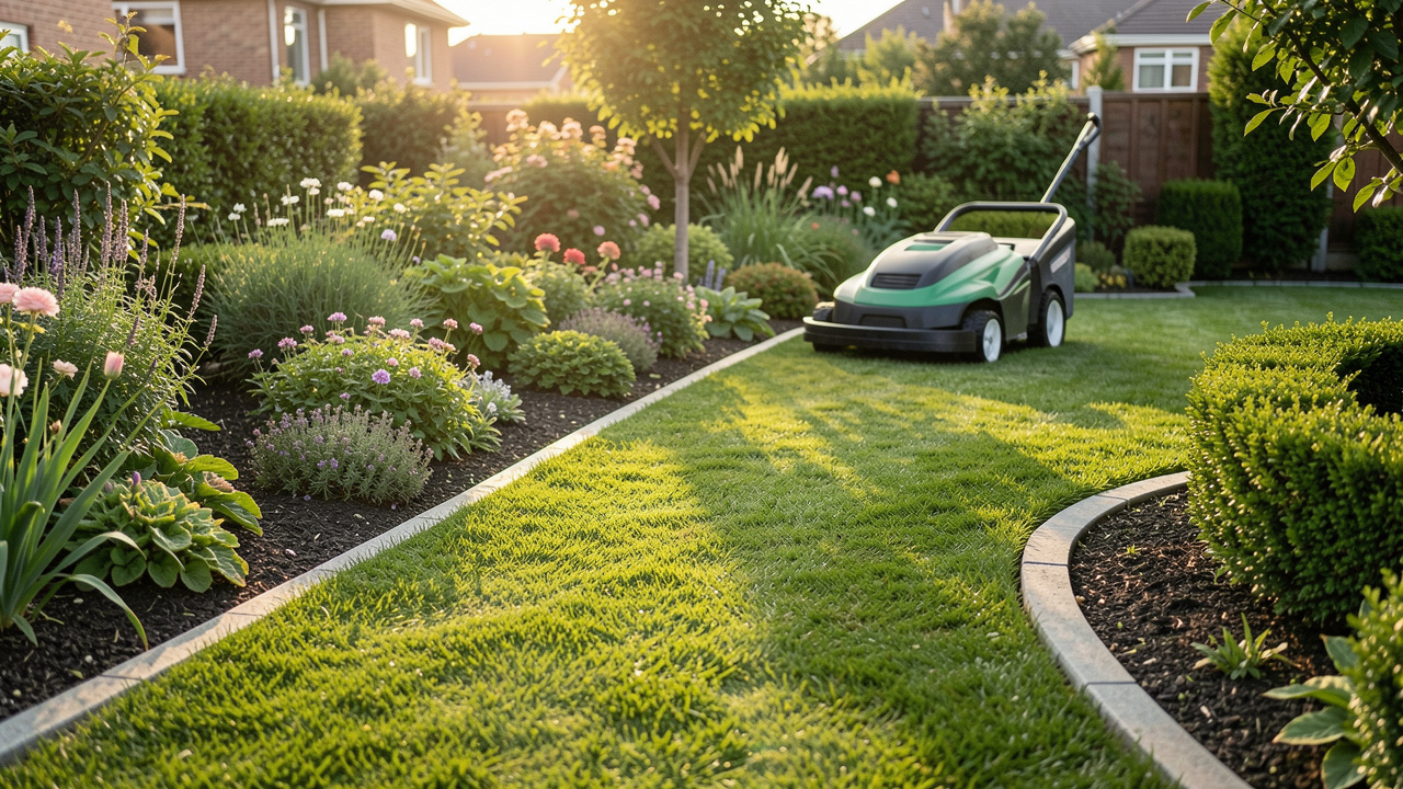 Robot tondeuse longeant des bordures de jardin et finissant la coupe autour de massifs, dans un décor paysager soigné.