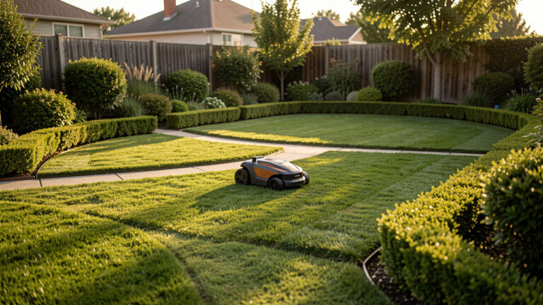 Un robot tondeuse tond un jardin en plusieurs zones distinctes, sur des allées d’herbe bien délimitées, au soleil doré, avec un rendu photo réaliste.