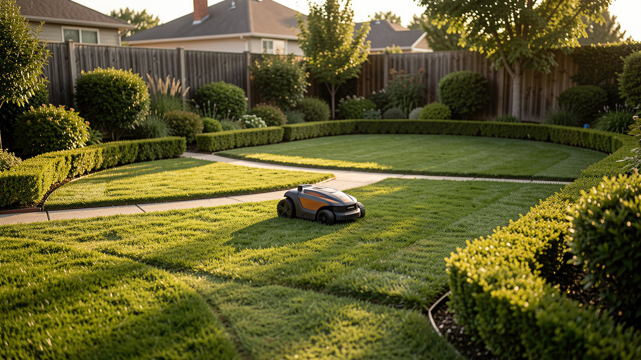 Un robot tondeuse tond un jardin en plusieurs zones distinctes, sur des allées d’herbe bien délimitées, au soleil doré, avec un rendu photo réaliste.