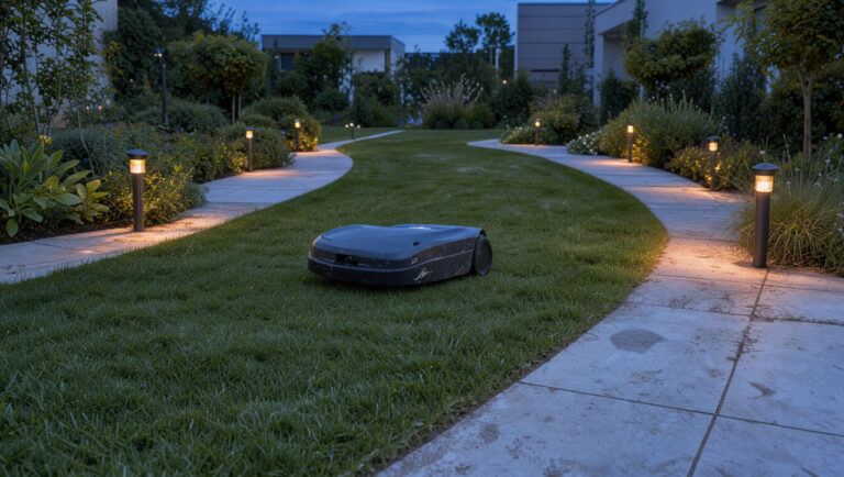 Jardin moderne au crépuscule avec des allées en pierre éclairées par des lampes solaires chaudes et un robot tondeuse sur une pelouse bien entretenue.