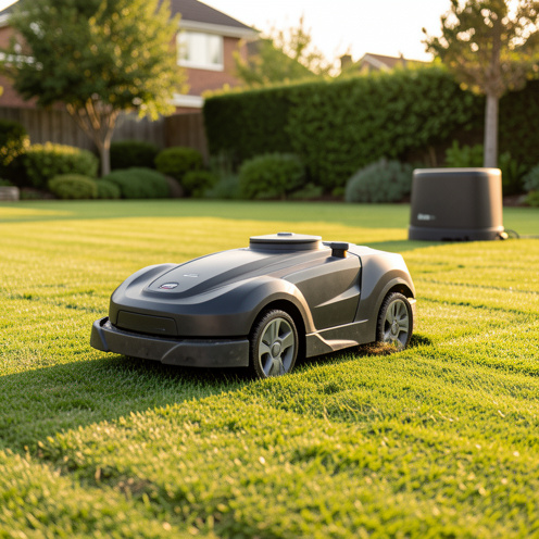 Photo réaliste d’une tondeuse robot se déplaçant sur une pelouse bien entretenue, avec une vue sur ses capteurs et une station de charge dans un jardin résidentiel au matin.