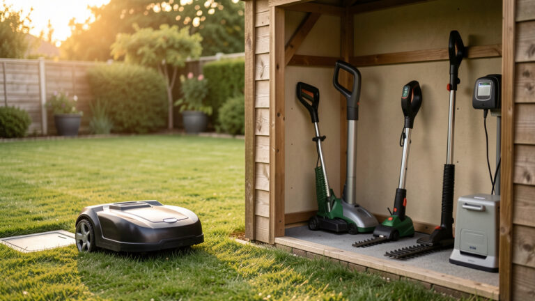 Station d’outils de jardinage près d’une pelouse entretenue, avec une tondeuse robot en charge et des accessoires intelligents rangés dans un espace de rangement, lumière dorée et ambiance paisible.