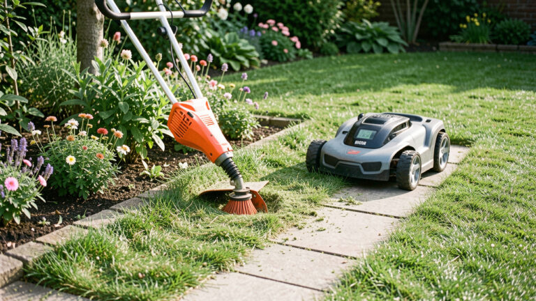 Débroussailleuse entretenant soigneusement la bordure d’une pelouse à côté d’un robot tondeuse.