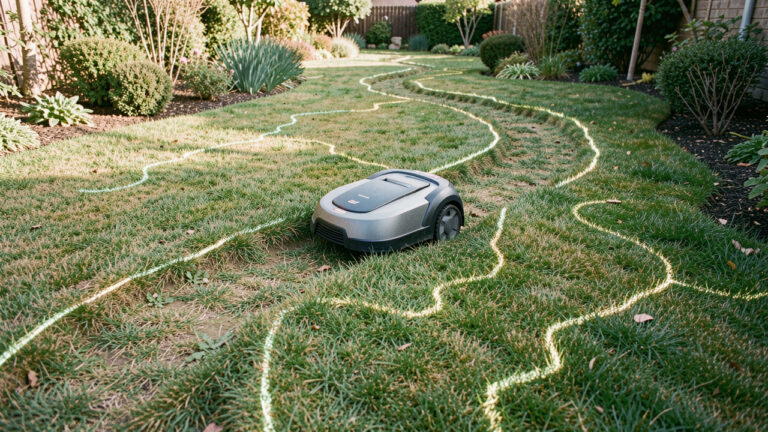 Une tondeuse robot parcourt un jardin irrégulier en suivant une trajectoire optimisée, avec des herbes et bordures variées sous une lumière naturelle.