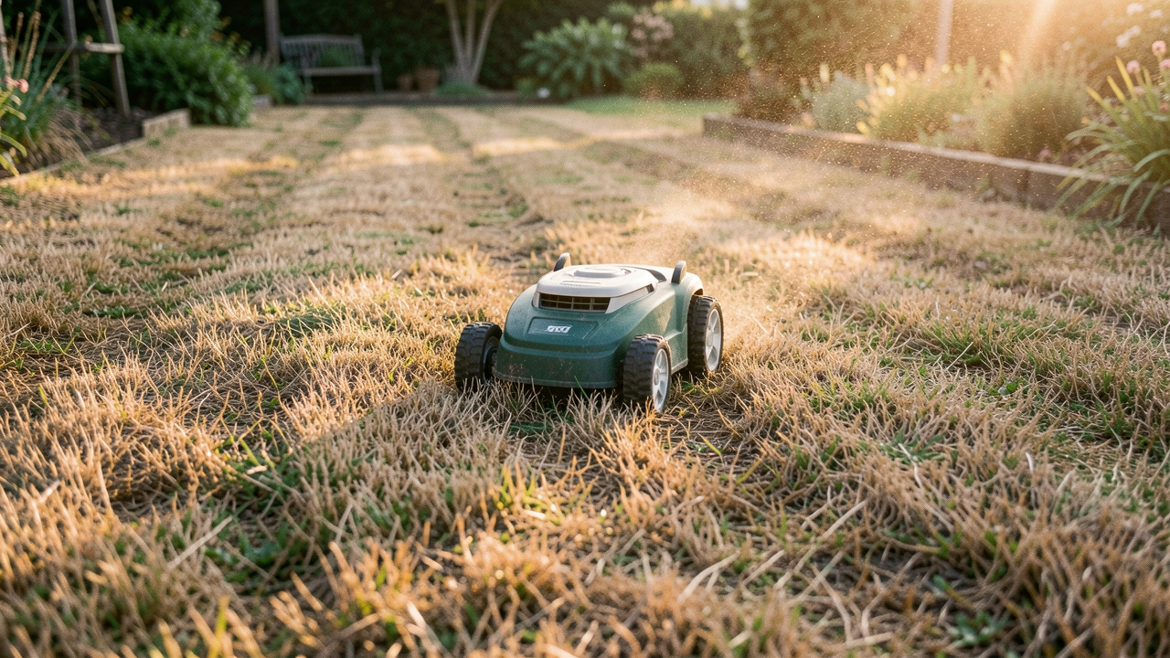Robot tondeuse sur une pelouse en période de sécheresse, réglant soigneusement la coupe et tondant le gazon sans l’abîmer, lumière du matin et détail des brins d’herbe.