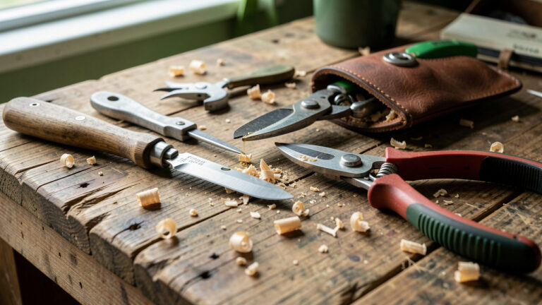Gros plan sur un greffoir, un sécateur et de petits outils de coupe de jardin en cours de nettoyage, d’affûtage et de réparation sur un établi en bois.