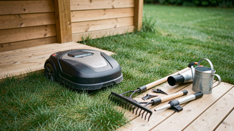 Un robot tondeuse parcourt une pelouse parfaitement entretenue, à côté d’outils de jardinage rangés et d’accessoires de maintenance, sous une lumière douce et naturelle.