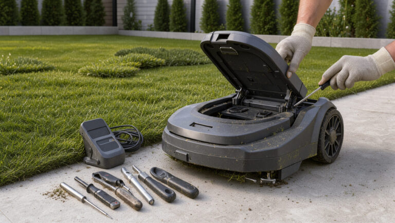 Tondeuse robot d’occasion inspectée dans un jardin avec ses accessoires et des outils d’évaluation.