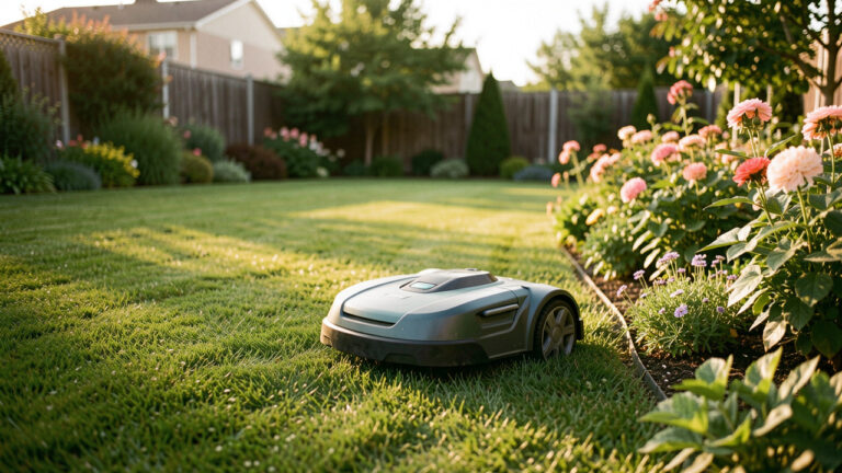 Un robot tondeuse parcourt une pelouse bien entretenue dans un jardin, éclairage doré naturel et ambiance documentaire réaliste.