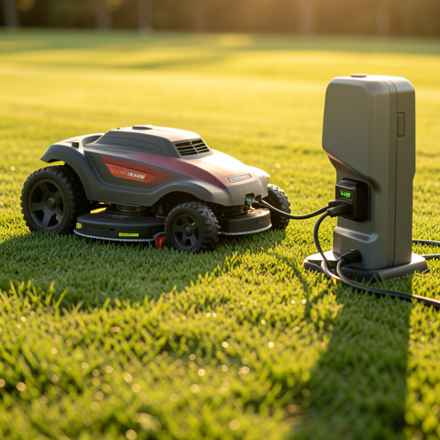 Un robot tondeuse se déplace sur une pelouse soigneusement tondue, navigue grâce à ses capteurs, puis s’aligne sur sa station de recharge pour se recharger.