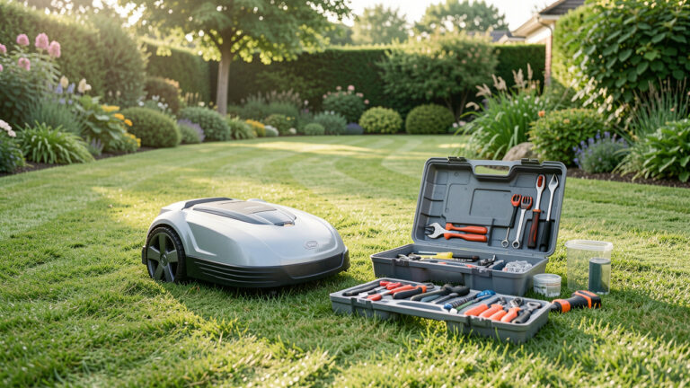 Robot tondeuse installé dans un jardin, accompagné d’une trousse d’entretien ouverte et d’outils soigneusement disposés.