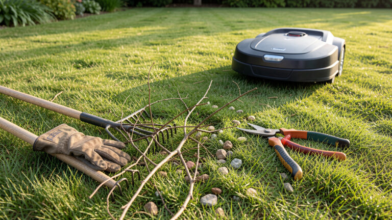 Gants de jardinage et outils posés sur une pelouse nettoyée avant le passage d’un robot tondeuse.