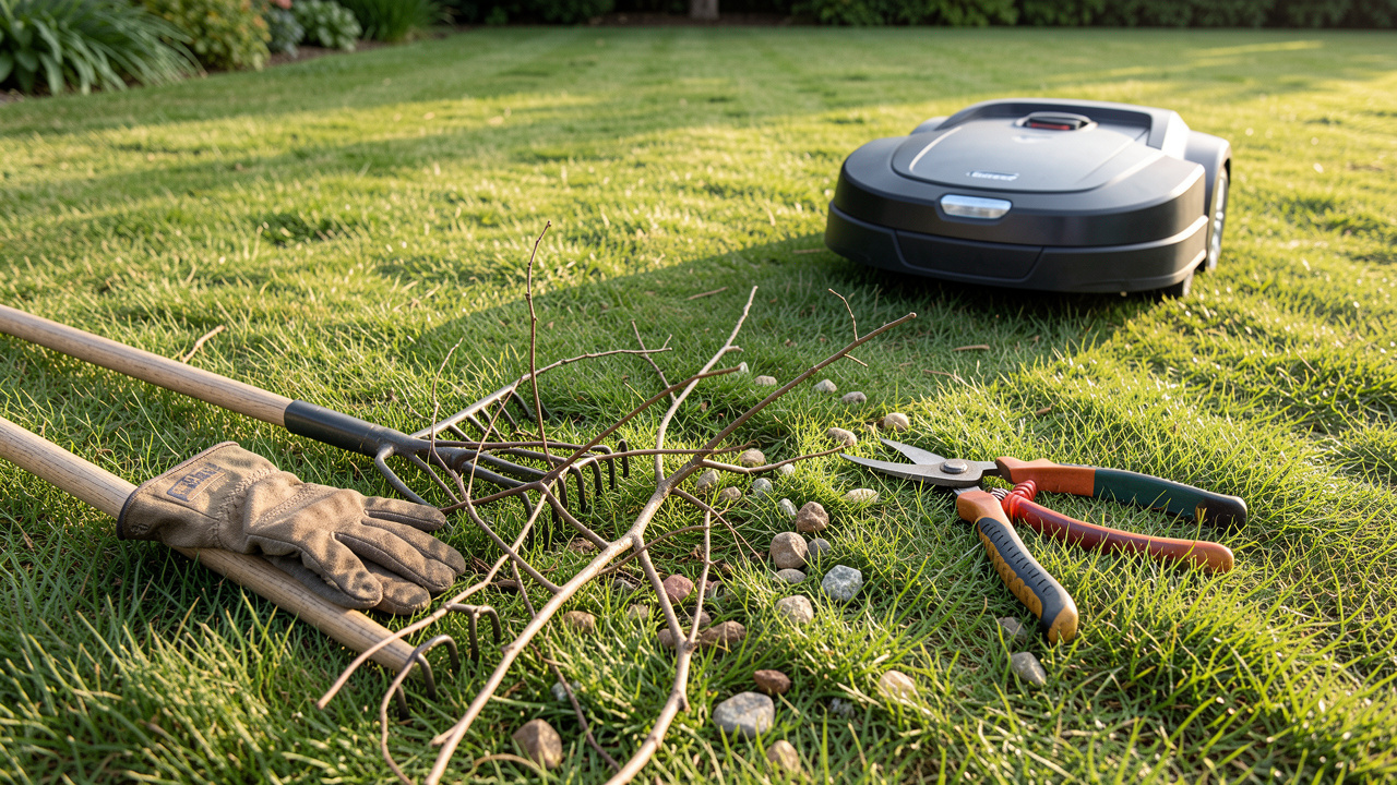 Gants de jardinage et outils posés sur une pelouse nettoyée avant le passage d’un robot tondeuse.