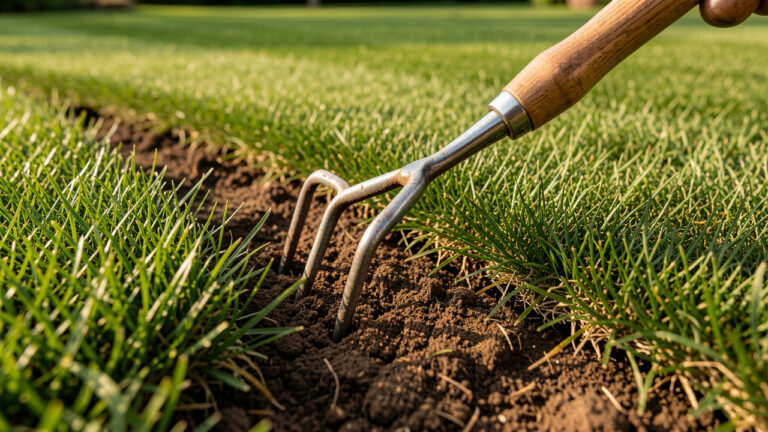 Griffe de jardin dessinant une bordure nette autour d’une pelouse fraîchement tondue.