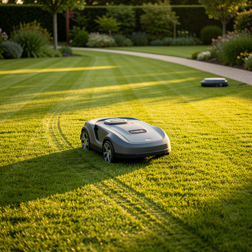 Un robot tondeuse autonome évolue sur une grande pelouse bien entretenue, avec son socle de charge près d’un chemin de jardin, lumière dorée et rendu photo réaliste.