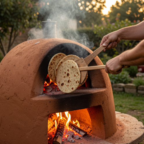 Four traditionnel tandoor en terre cuite préparé dehors, avec des braises incandescentes et des pains ronds déposés sur la paroi intérieure, ambiance chaleureuse en soirée.