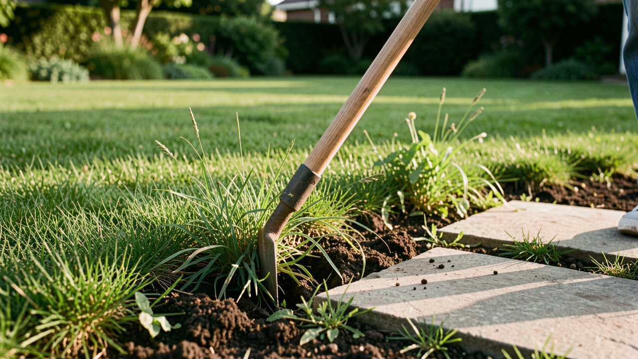 Une houe entretient les bordures d’une pelouse et les zones difficiles d’accès autour de pierres de jardin.