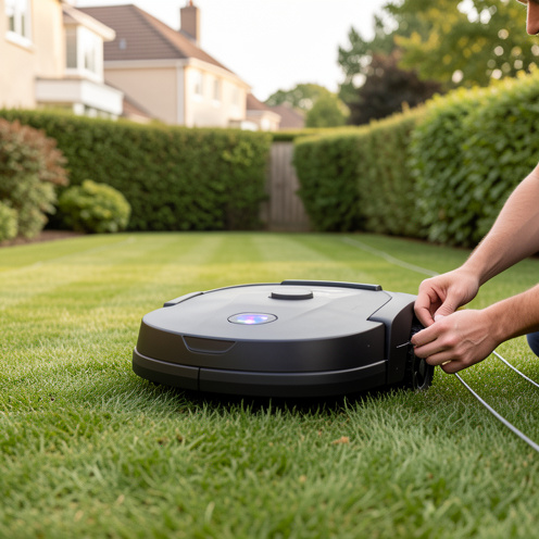 Robot tondeuse automatique en train de se recharger sur une pelouse bien entretenue, pendant qu’un jardinier ajuste discrètement le périmètre près des haies.