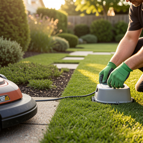 Un robot tondeuse installé dans un jardin, avec une station de charge ajustée et le câble de délimitation en cours de réglage près d’une pelouse bien entretenue.