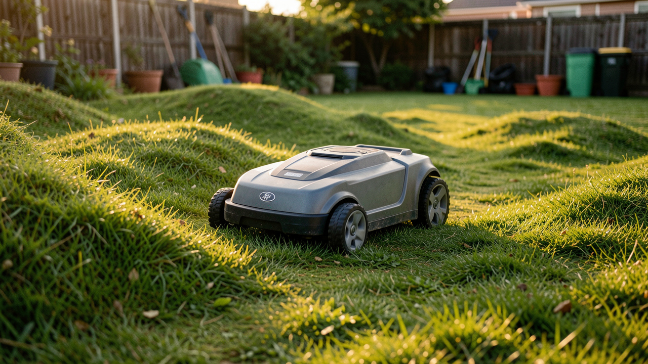Un robot tondeuse parcourt une pelouse verte irrégulière au jardin, en suivant la forme du terrain au coucher du soleil.
