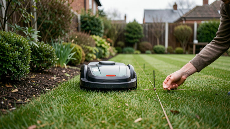 Un robot tondeuse autonomes parcourt une pelouse bien entretenue dans un jardin résidentiel, tandis qu’une main ajuste un petit repère de câble pour une gestion différenciée des espaces verts.
