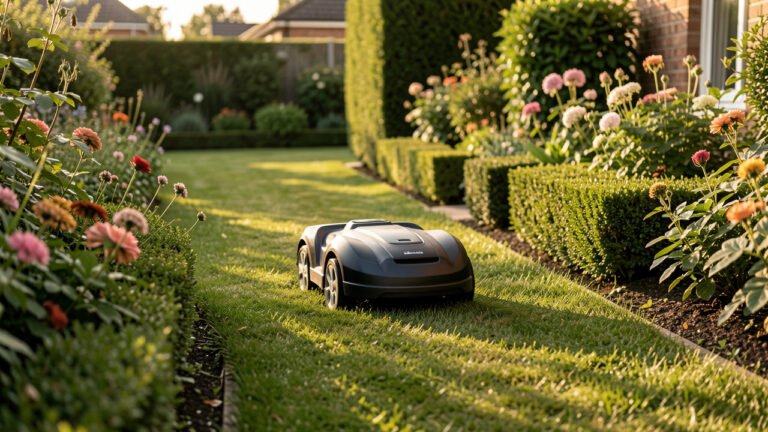 Un robot tondeuse autonome évolue dans un jardin, en suivant soigneusement les bordures et en ménageant les massifs fleuris sous une lumière dorée naturelle.