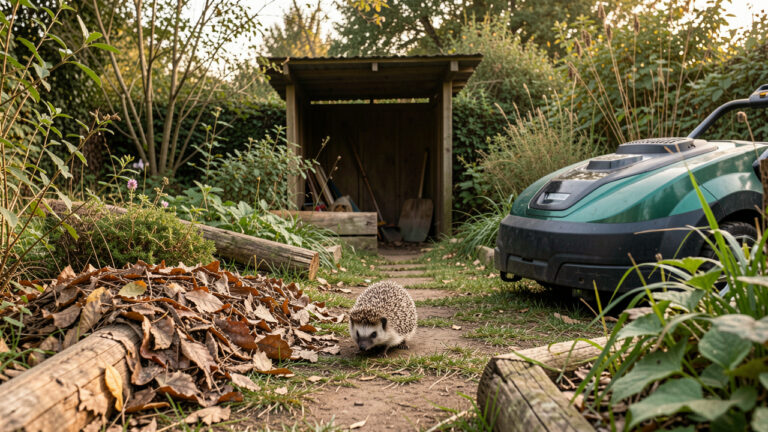 Un hérisson traverse en sécurité un jardin accueillant pour la petite faune, près d’un robot tondeuse à l’arrêt et entouré de végétation, de feuilles et de rondins.