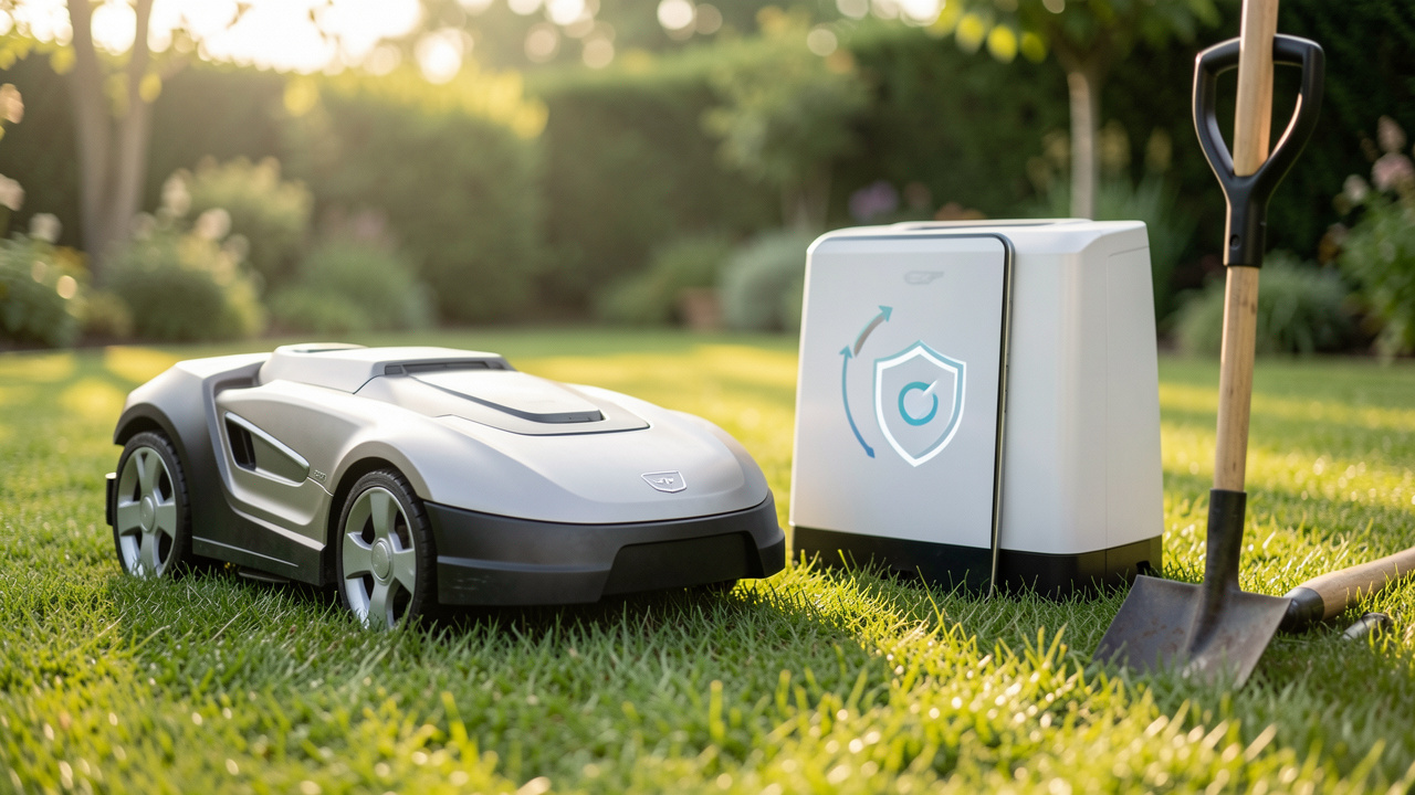 Robot tondeuse connecté à sa station de recharge pendant une mise à jour sécurisée réalisée avec un smartphone.