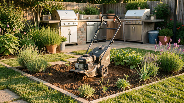 Motoculteur préparant soigneusement la terre d’un potager délimité près d’une cuisine extérieure, avec les bordures du jardin préservées.