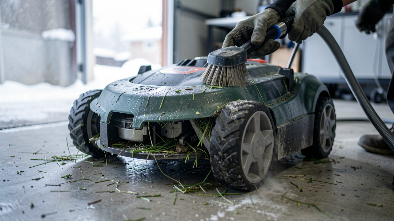 Un robot tondeuse nettoyé et préparé pour l’hivernage, brossé et rincé, puis séché dans un garage avec une lumière froide naturelle.