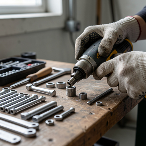 Sur un établi d’atelier, des pièces de rechange métalliques sont rangées et des mains gantées choisissent le bon accessoire avant de l’assembler à un outil électroportatif.