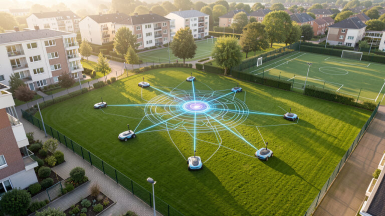 Plusieurs robots tondeuses autonomes entretiennent différents espaces verts collectifs, reliés à un centre de supervision à distance.